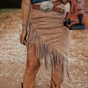 NWOT Faux Micro Suede Assymetrical Western Boho Fringe Skirt - Medium - tassel